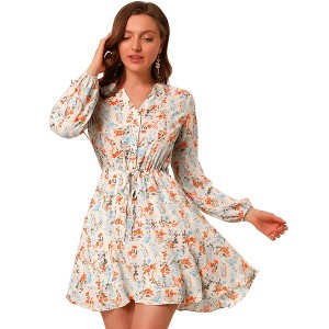 Allegra K Women's Floral Print Button Front Puff Sleeve Tie Waist Shirt Dress - 1 of 4