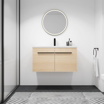 Floating Bathroom Vanity With Ceramics Countertop Sink, Wall Mounted 2 Doors Bathroom Storage Cabinet Set