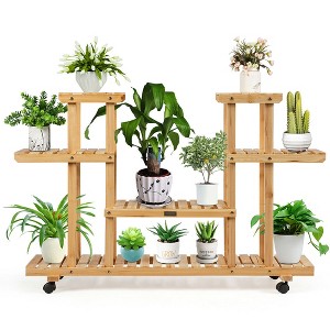 Costway 4-Tier Wooden Plant Stand W/Wheels Multipurpose Storage Rack, Wood Grain Color - 1 of 4