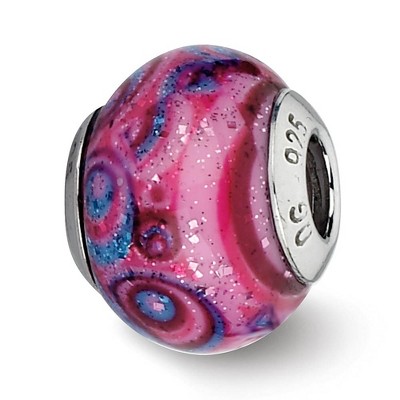 Black Bow Jewelry Pink, Purple Swirls Overlay Glass & Sterling Silver Bead Charm, 15mm
