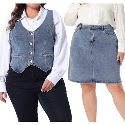 Agnes Orinda Women's Plus Size Two Piece Sets Retro Button-Up Jean Denim Vests and Elastic Waist Pencil Jeans Skirts