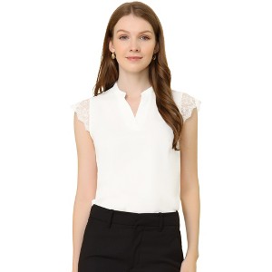 Allegra K Women's Work Office V Neck Stand Collar Lace Cap Sleeve Basic Blouse - 1 of 4