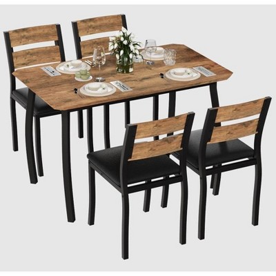 Dining Table Set for 4, 5 Piece Metal Frame Kitchen Table and Chair Set, Chamfer Design Space-Saving Dining Room Furniture