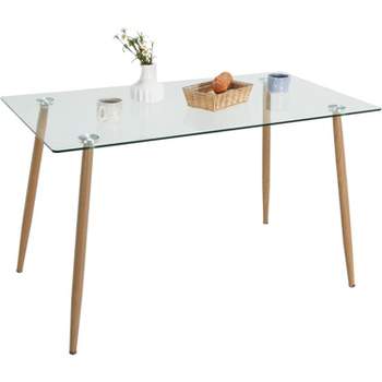 Tangkula 51” Glass Dining Table Modern Rectangular Table w/ Spacious Tempered Glass Tabletop & Wood Grain Metal Legs