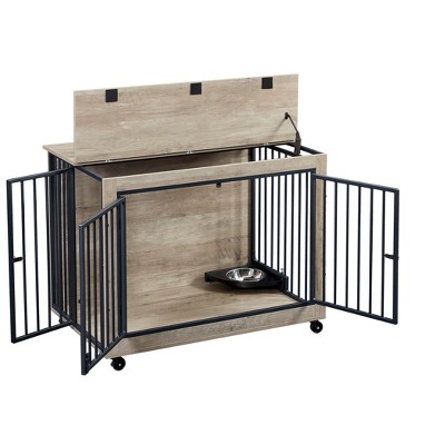 NicBex 38.58Inch Dog Crate Furniture Wooden Dog Cage Side Table with FlipUp Top and 3 Doors,Wheels,Indoor Use,Gray