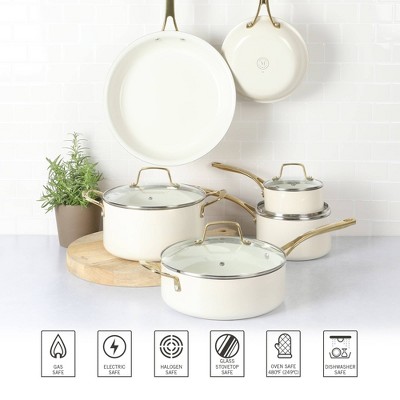 Linen White 10-Piece Nonstick Enamel Aluminum Cookware Set with Gold Handles