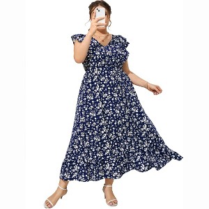 Clearlove Women's Summer Plus Size Dress Ruffle Cap Sleeveless V Neck Side Split Long Beach Maxi Dress - 1 of 4