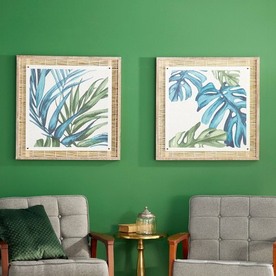Blue and Green Abstract Leaf Wall Art with Brown Wood Frame, Set of 2