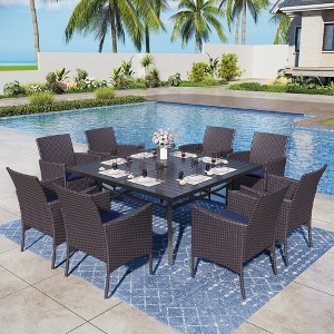 Captiva Designs 9pc Spacious Slat-top Square Metal Table & Crescent-shaped Armrest Rattan Chairs with Cushions - 1 of 4