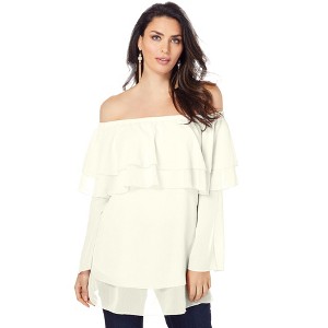 Roaman's Women's Plus Size Flounce Off-The-Shoulder Top - 28 W, Ivory - 1 of 4