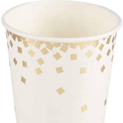 Gold Foil Confetti Design White Disposable Paper Cups, 12 Ounce, 50 Pack