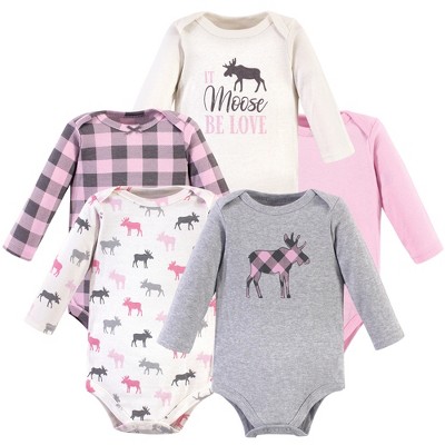 Hudson Baby Infant Girl Cotton Long-Sleeve Bodysuits 5pk, Pink Moose, 6-9 Months