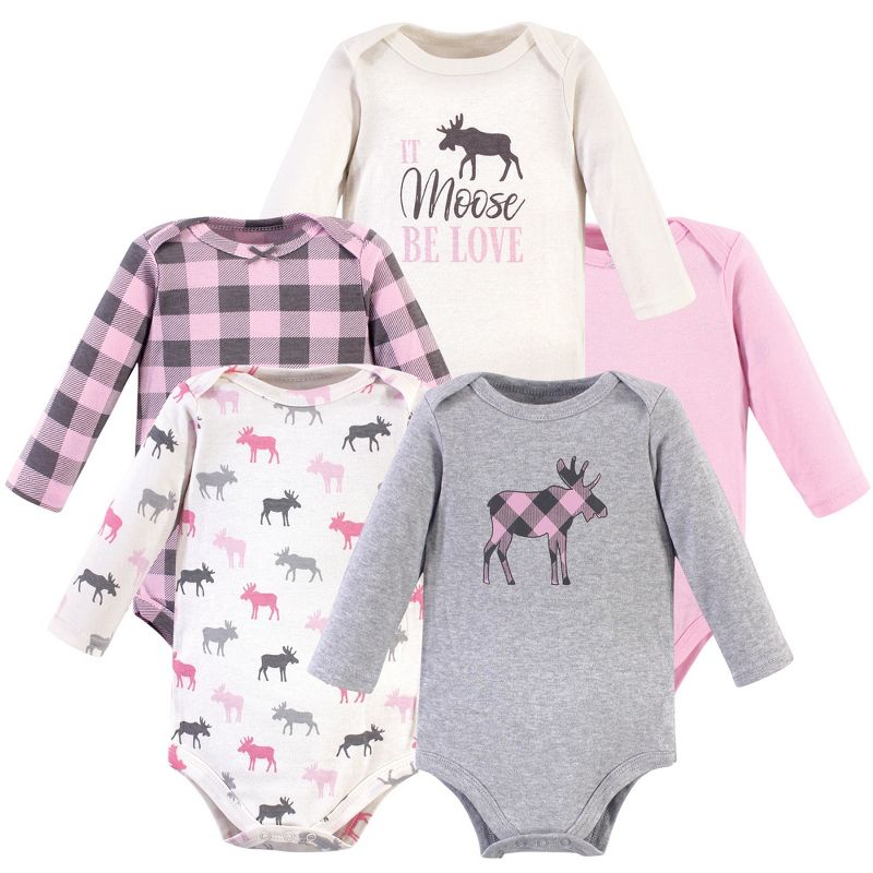 Hudson Baby Infant Girl Cotton Long-Sleeve Bodysuits 5pk, Pink Moose, 1 of 4