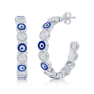 Bella Silver Sterling Silver Alternating CZ & Navy Enamel Evil Eye 20mm Hoop Earrings - Blue