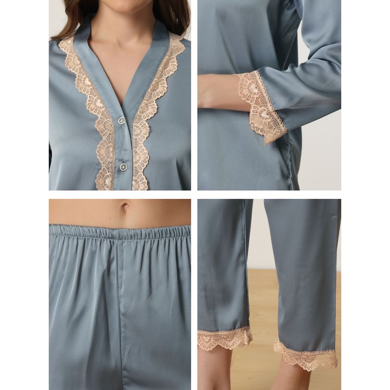 cheibear Womens Long Sleeve Lace Trim Satin Button Shirt Pants Matching Couple Pajama Sets Sleepwear, 5 of 7