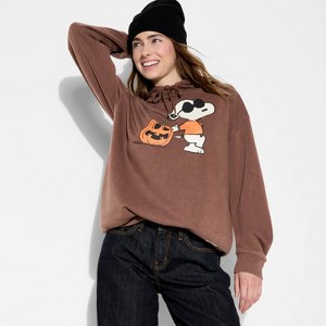 Adult Peanuts Snoopy Pumpkin Fleece Graphic Hooded Sweatshirt - Brown - 1 of 4