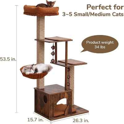 FUKUMARU Cat Tree, 4 in 1 Large Modern Cats Tower with Jute Scratching Post and Hammock
