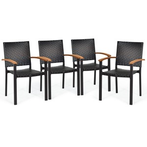 Tangkula Patio Rattan Dining Armchair 4 Set of Wicker Chair W/Steel Frame Acacia Armrests Indoor&Outdoor - 1 of 4