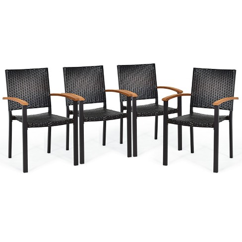Indoor&outdoor 4 Patio Target W/steel Rattan Tangkula Set Dining Wicker Chair Armchair Of Frame Armrests : Acacia