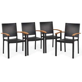 Tangkula Patio Rattan Dining Armchair 4 Set of Wicker Chair W/Steel Frame Acacia Armrests Indoor&Outdoor