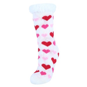 CTM Women's Plush High Pile Fleece Winter Fleece Lined Hearts Slipper Socks - 1 of 2
