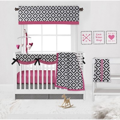 Bacati - Love Black Fuschia 10 pc Crib Bedding Set with Long Rail Guard Cover