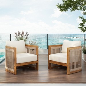 [Set of 2] Premium Acacia Wood Outdoor Club Chair, Curved Tub Design with Woven Rope Accents, Water-Resistant Cushions, All-Weather Slat Construction - 1 of 4