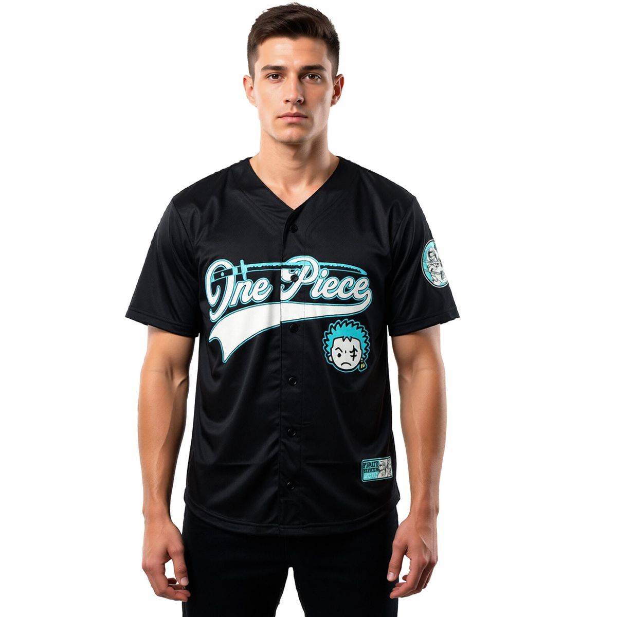 Seven Times Six One Piece Baseball Jersey Men's Zoro Short Sleeve Button Up Shirt Black