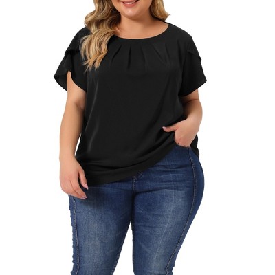Agnes Orinda Women's Plus Size Elegant Pleated Petal Tulip Short Sleeve Office Work Summer Blouses
