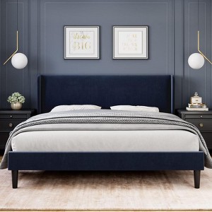 Blue Queen Upholstered Bed Frame with Wingback Headboard, Luxurious Velvet Upholstery Platform Bed, Wooden Slat Support, and Easy Assembly - Box Spri - 1 of 4