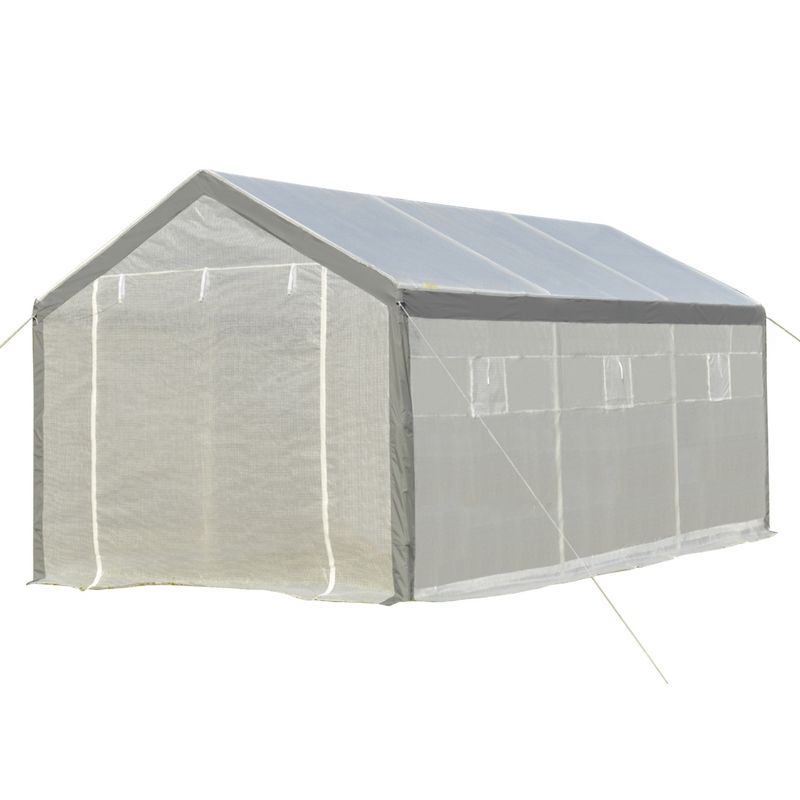 Outsunny 20' x 10' x 9' Walk-In Greenhouse, Outdoor Gardening Canopy with 6 Roll-up Windows, 2 Zippered Doors & Weather Cover, White, 5 of 10