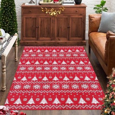 Washable Christmas Holiday Area Rug, Indoor Snowflake Throw Mat, Non-Slip Floor Carpet for for Living Room Bedroom Nursery Dining Room Decor, Red