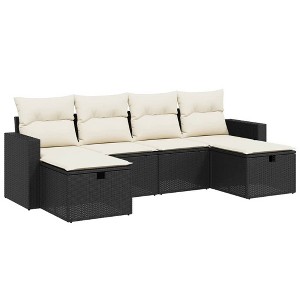vidaXL Patio Sofa Set with Cushions Outdoor Furniture 6 Piece Poly Rattan - Black and Cream without Storage - 1 of 4
