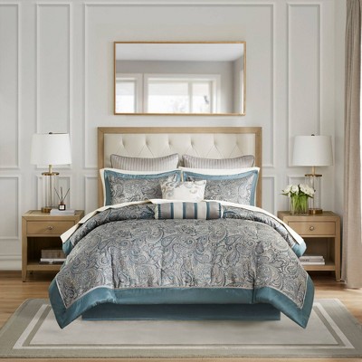 California King Gray and Teal Cotton Jacquard Bed in a Bag Set
