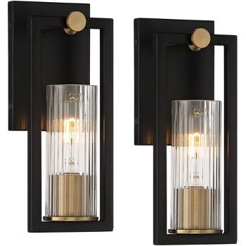 Stiffel Industrial Modern Wall Light Sconces Set of 2 Black Warm Brass Hardwired 4 1/2" Fixture Clear Ribbed Glass Shade for Bedroom Bathroom Vanity