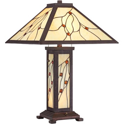 Robert Louis Tiffany Mission Table Lamp with Nightlight Classic Bronze Stained Glass for Living Room Family Bedroom Bedside