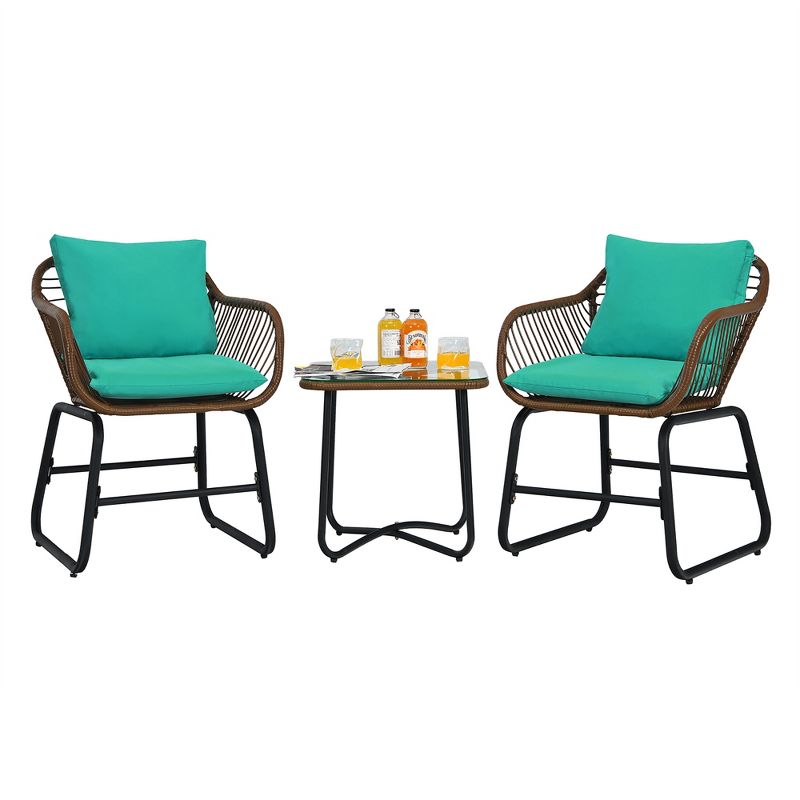 Costway 3PCS Patio Rattan Bistro Set Cushioned Chair Glass Table Deck White\Turquoise, 3 of 11
