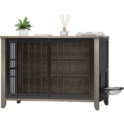 Gikpal Dog Crate Furniture with 2 Adjustable Dog Bowls, Dog Cage Furniture, Dog Kennel Indoor with Lockable Door, Chew-Proof Design, Pet Carrier House