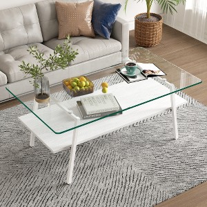 Lyngins 38.58" Modern Coffee Table with Tempered Glass Top, MDF Lower Panel & Metal Legs, 2-Tier Rectangle Center Table, Living Room Tea Table - 1 of 4