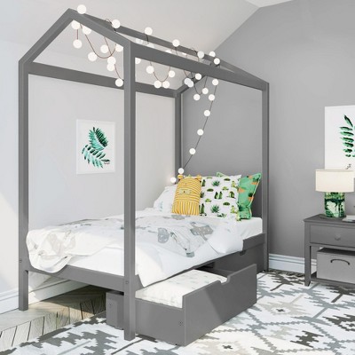 Max & Lily Twin Size Solid Wood House Bed Frame with Storage Drawers and Roof for Kids Bedroom