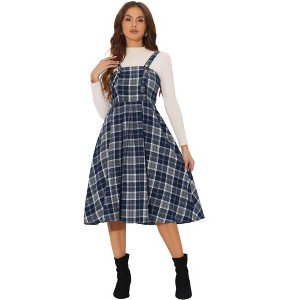 INSPIRE CHIC Women's Plaid Vintage Sleeveless A-Line Overall Pinafore Dress - 1 of 4