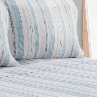 Blue Striped Cotton Flannel Twin Sheet Set