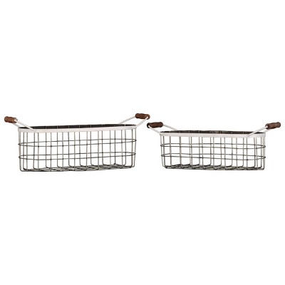 Set of 2 Oblong Metal & Wood Handled Baskets - Foreside Home & Garden