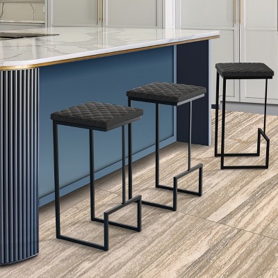 Charcoal Black Quilted Leather Bar Stool with Metal Frame