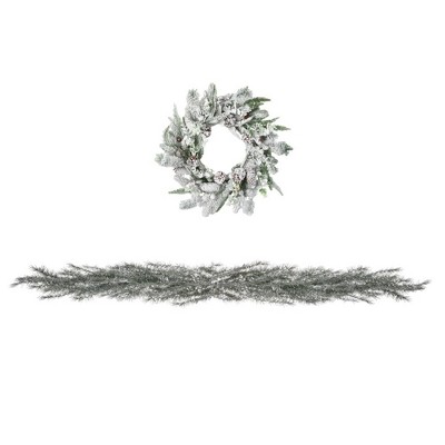 Sullivans Arfificial Flocked Pine Wreath and Weeping Garland Set 24"H & 6'9"L White