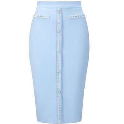 INSPIRE CHIC Women's High Waist Business Work Tweed Trim Button Decor Bodycon Skirts