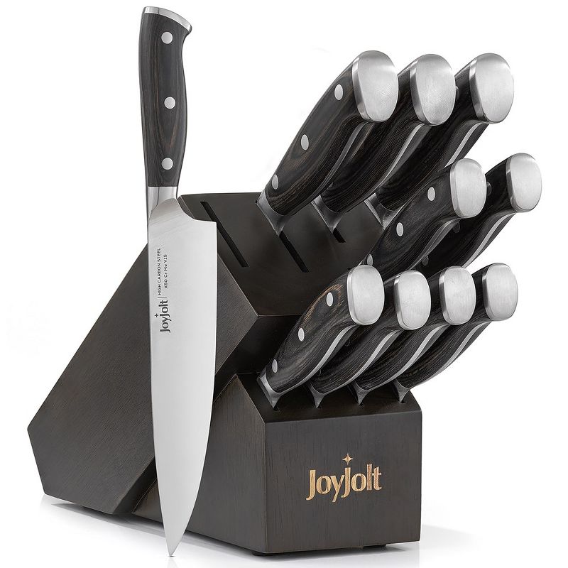 JoyJolt 11pc Kitchen Knife Set With Block. High Carbon, x50 German Steel Knives. Chef, Bread, Slicing, Nakiri, Utility, Paring and Steak Knife Set, 1 of 8