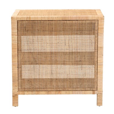 Bella Natural Brown Mahogany Wood and Rattan 1-Drawer Console Table