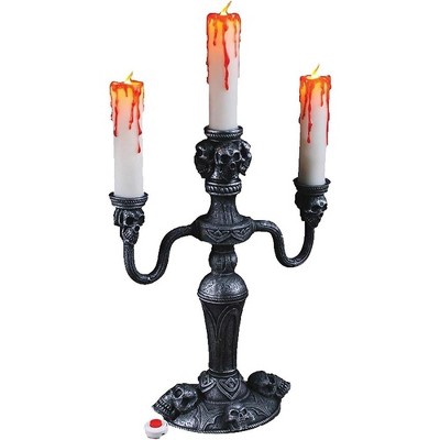 14 Inch Black LED Skull Candelabra with Dripping Red Candles