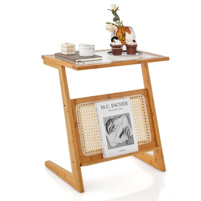 Tangkula 1pc/2pcs Z-shaped Side Table w/ Rattan Shelf Glass Top End Table w/ Magazine Rack Space-saving Sofa side Bedside Table
